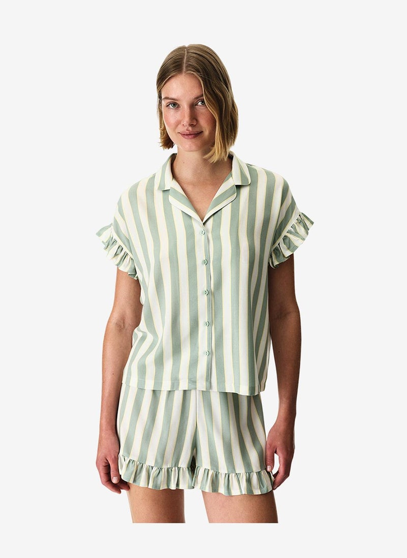 Penti Women Sage Striped Short Sleeve Shirt Shorts Light Green Set - Image 1