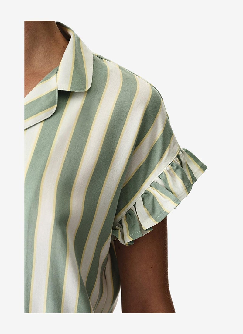 Penti Women Sage Striped Short Sleeve Shirt Shorts Light Green Set - Image 2