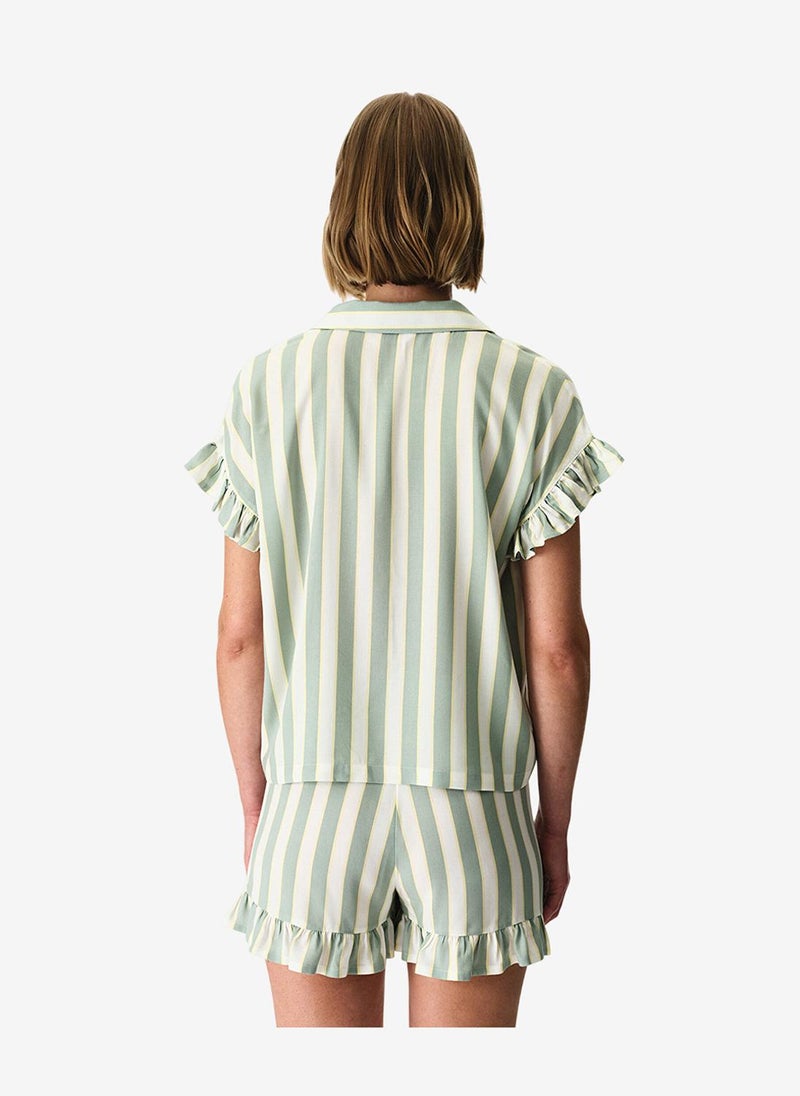 Penti Women Sage Striped Short Sleeve Shirt Shorts Light Green Set - Image 4