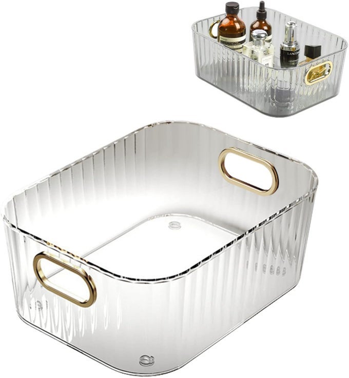ACRYLIC DESKTOP STORAGE BOX WITH HANDLE TRANSPARENT COSMETICS STORAGE ORGANIZER FOR HOME BATHROOM UNDERWEAR BATHROOM ORGANIZER TRAY FOR HOME KITCHEN STACKABLE STORAGE BOX TRANSPARENT