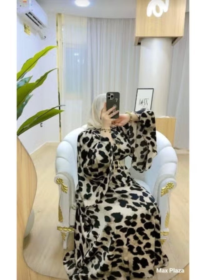 Women's Long Tiger Print Dress with Belt and Bow Tie - High-Quality Imported Armani Satin - Elegant Wide Sleeves - One Size Fits Up to 85 kg - Code 643 - Image 4
