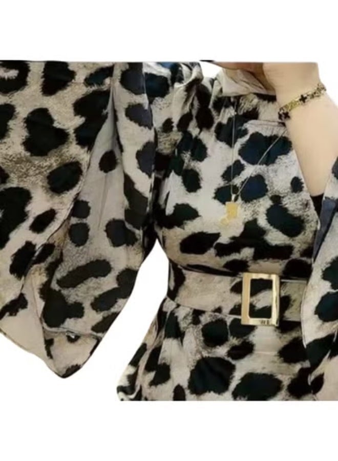 Women's Long Tiger Print Dress with Belt and Bow Tie - High-Quality Imported Armani Satin - Elegant Wide Sleeves - One Size Fits Up to 85 kg - Code 643 - Image 2