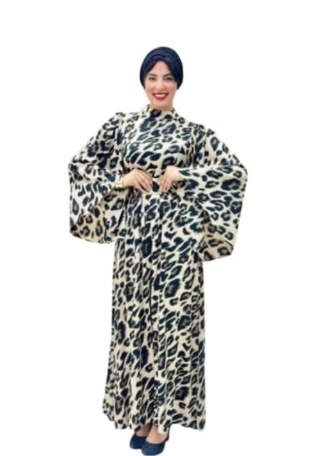 Women's Long Tiger Print Dress with Belt and Bow Tie - High-Quality Imported Armani Satin - Elegant Wide Sleeves - One Size Fits Up to 85 kg - Code 643 - Image 1
