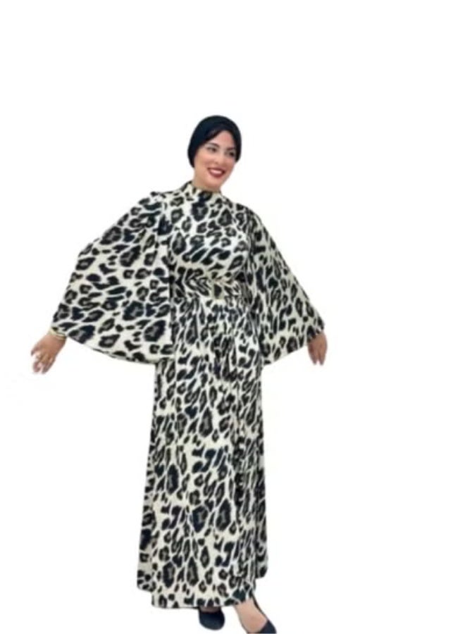 Women's Long Tiger Print Dress with Belt and Bow Tie - High-Quality Imported Armani Satin - Elegant Wide Sleeves - One Size Fits Up to 85 kg - Code 643 - Image 5