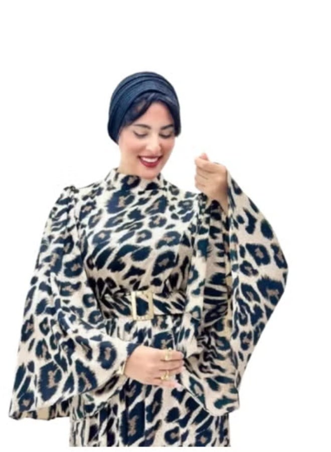 Women's Long Tiger Print Dress with Belt and Bow Tie - High-Quality Imported Armani Satin - Elegant Wide Sleeves - One Size Fits Up to 85 kg - Code 643 - Image 3