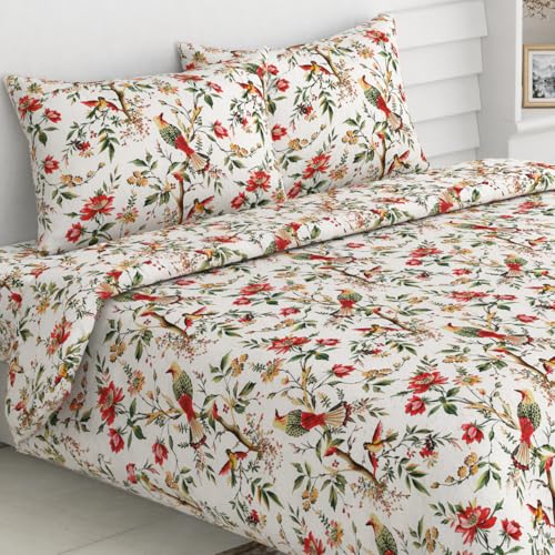 ElanorHomes 240 TC Cotton Double King Size Bedsheet | Hand Printed | Ultra-Soft & Skin-Safe | Breathable Summer Comfort | 90x108 inches with 2 Pillow Covers (Flying Petal) - Image 1