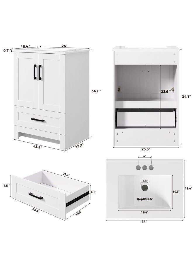 IRONCK 24" Bathroom Vanity with Sink, Freestanding Bathroom Cabinet Vanity with Soft-Close Doors & Storage Drawer, Modern Design for Small Bathrooms, Undermount Ceramic Sink, Easy Assembly, White - Image 2