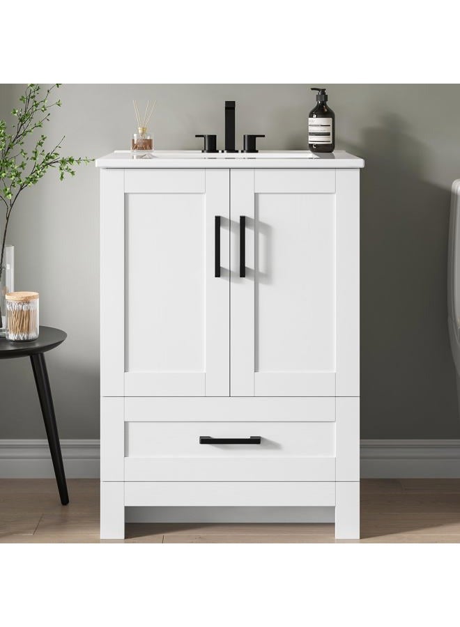 IRONCK 24" Bathroom Vanity with Sink, Freestanding Bathroom Cabinet Vanity with Soft-Close Doors & Storage Drawer, Modern Design for Small Bathrooms, Undermount Ceramic Sink, Easy Assembly, White - Image 1