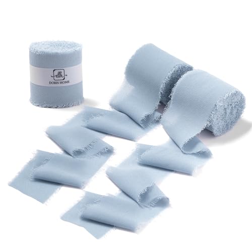 DORIS HOME Dusty Blue Chiffon Ribbon for Flower Bouquet, 2" x21Yd Fabric Ribbon for Gift Wrapping, Handmade Frayed Ribbon for Wedding, Chiffon Silk Ribbon for Christmas Decorations - Image 1