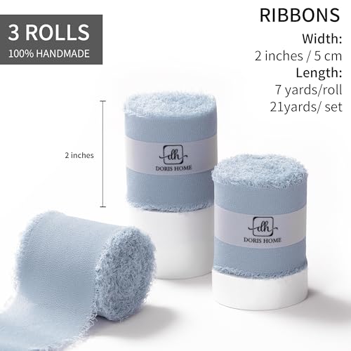 DORIS HOME Dusty Blue Chiffon Ribbon for Flower Bouquet, 2" x21Yd Fabric Ribbon for Gift Wrapping, Handmade Frayed Ribbon for Wedding, Chiffon Silk Ribbon for Christmas Decorations - Image 3