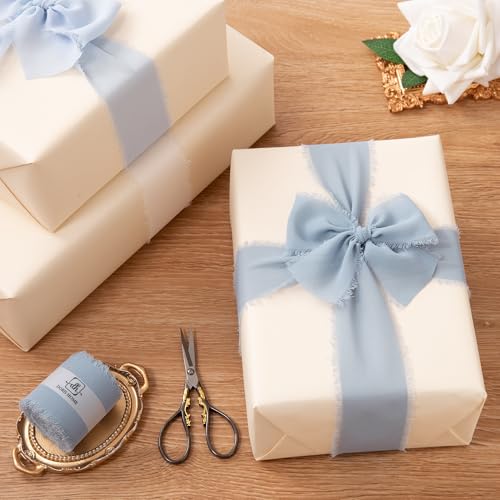 DORIS HOME Dusty Blue Chiffon Ribbon for Flower Bouquet, 2" x21Yd Fabric Ribbon for Gift Wrapping, Handmade Frayed Ribbon for Wedding, Chiffon Silk Ribbon for Christmas Decorations - Image 5