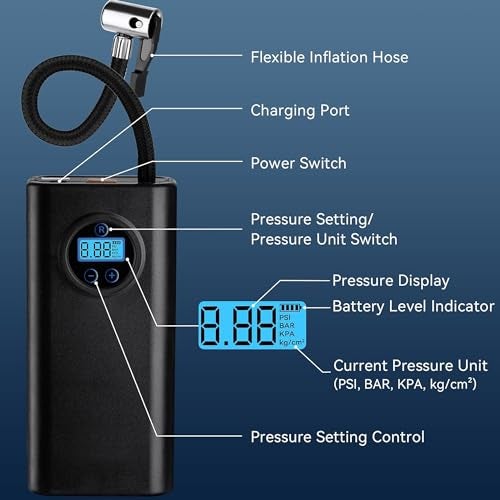 US1984 Cordless Tyre Inflator for Cars & Bikes, Rechargeable, Digital Tire Pressure, Auto Shut Off, Smart and Portable Air Compressor, Up to 150 Psi Air Pump for Car Tire, Cycle, Balls, Inflatables - Image 4