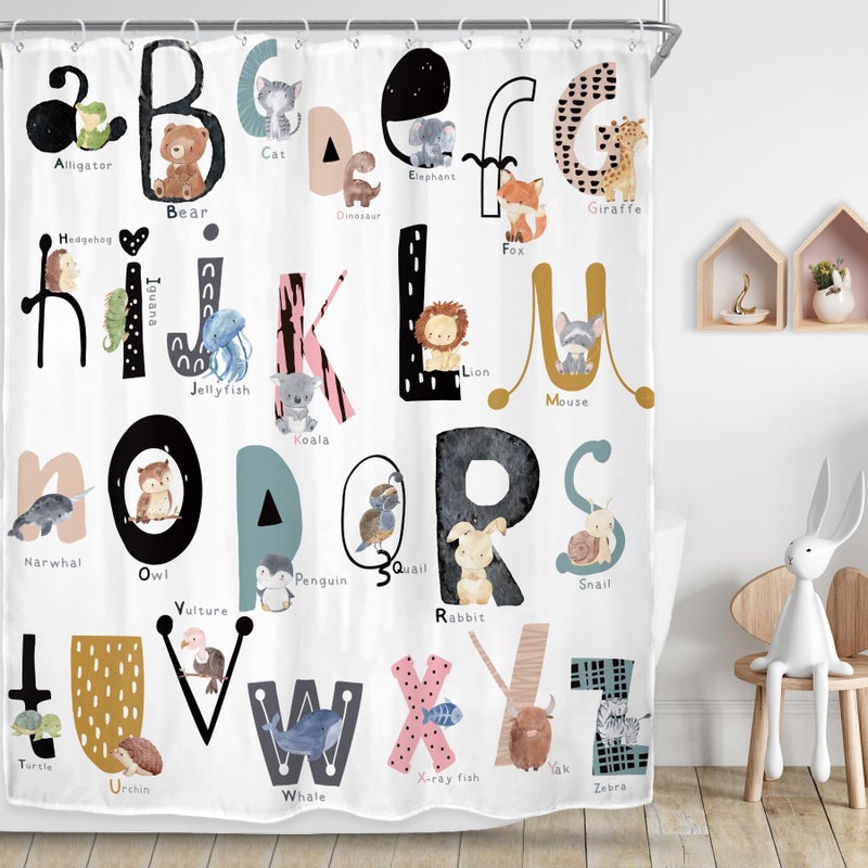 Riyidecor Kids ABC Learning Alphabet Shower Curtain for Bathroom Decor 60Wx72H Educational Study Boys Baby Children Funny Large A to Z Art Printed Fabric Polyester Waterproof 12 Pack Plastic Hooks