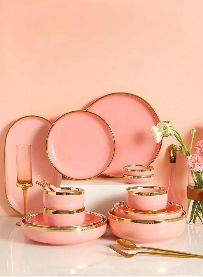 أولودينيز  طقم أدوات طعام فاخر من البورسلين مكون من 18 قطعة لـ 3-4 أشخاص - بتصميم رخامي وحافة ذهبية - Image 1