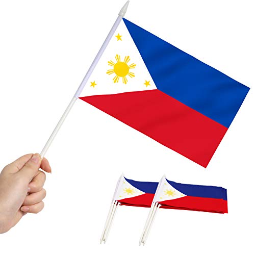 Anley Philippines Mini Flag 12 Pack - Hand Held Small Miniature Philippine Flags on Stick - Fade Resistant & Vivid Colors - 5x8 Inch with Solid Pole & Spear Top - Image 1