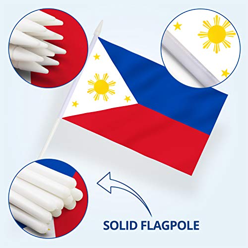 Anley Philippines Mini Flag 12 Pack - Hand Held Small Miniature Philippine Flags on Stick - Fade Resistant & Vivid Colors - 5x8 Inch with Solid Pole & Spear Top - Image 5