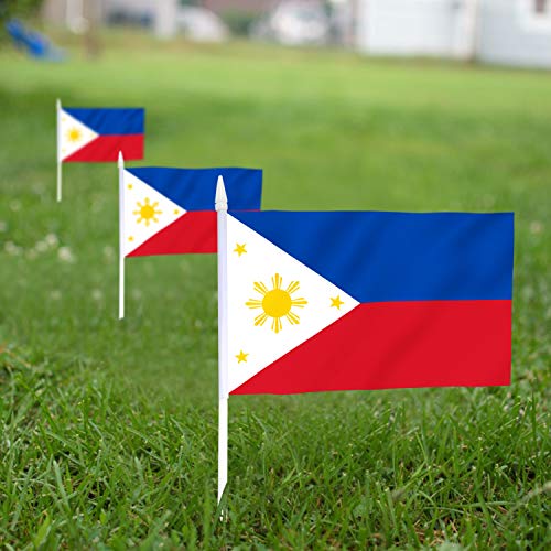 Anley Philippines Mini Flag 12 Pack - Hand Held Small Miniature Philippine Flags on Stick - Fade Resistant & Vivid Colors - 5x8 Inch with Solid Pole & Spear Top - Image 3