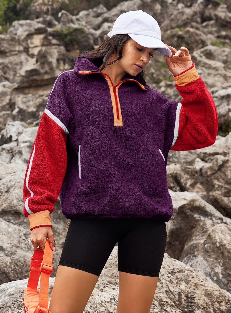 Yanekop 1/4 Zip Pullover Women Zip Up Sweatshirt Fleece Pullover Christmas Sweaters Long Sleeve V Neck Sweaters(Purple Red,M) - Image 3