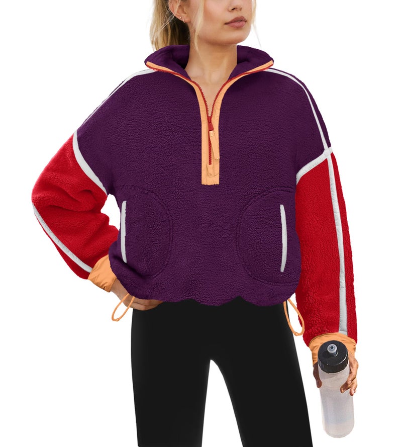 Yanekop 1/4 Zip Pullover Women Zip Up Sweatshirt Fleece Pullover Christmas Sweaters Long Sleeve V Neck Sweaters(Purple Red,M) - Image 1