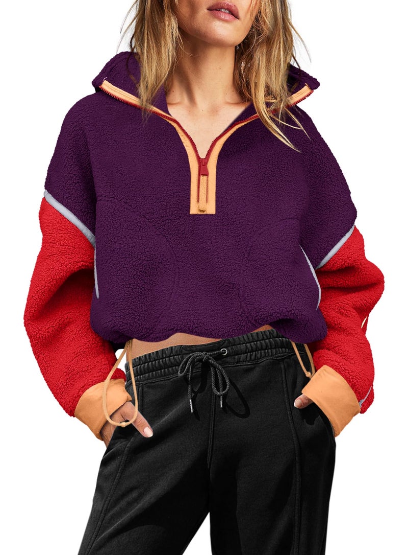 Yanekop 1/4 Zip Pullover Women Zip Up Sweatshirt Fleece Pullover Christmas Sweaters Long Sleeve V Neck Sweaters(Purple Red,M) - Image 2