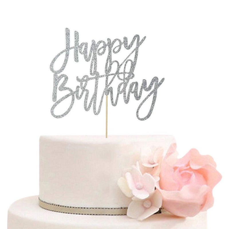ZLPDS Happy Birthday Cake Topper Birthday Party Decorations Supplies Silver Glitter - Image 1