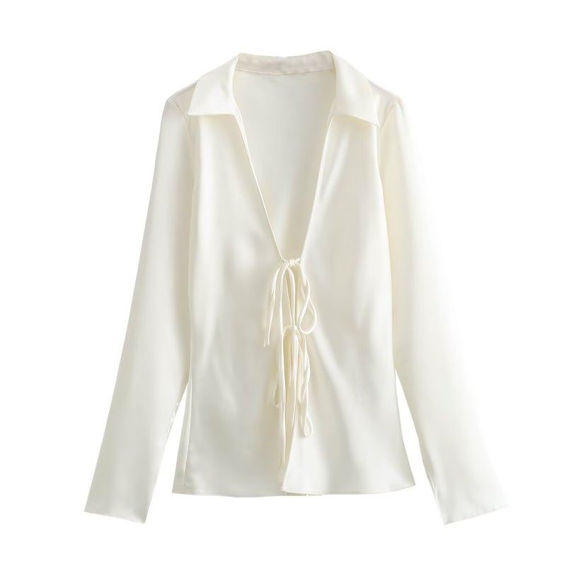 Spring 2024 Satin Bow Tie Fashion Blouse HP1133EI white - Image 5