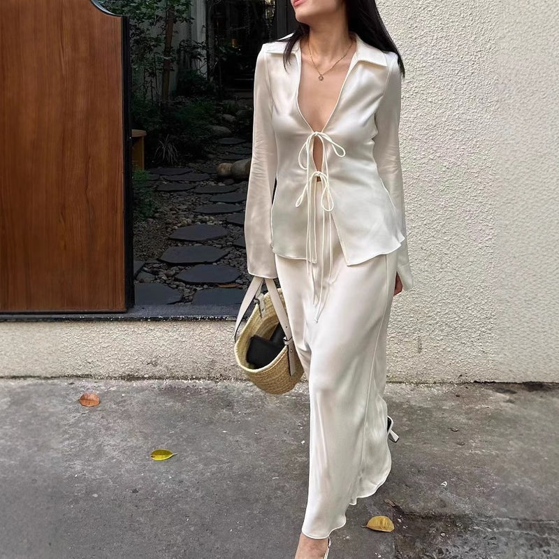Spring 2024 Satin Bow Tie Fashion Blouse HP1133EI white - Image 2