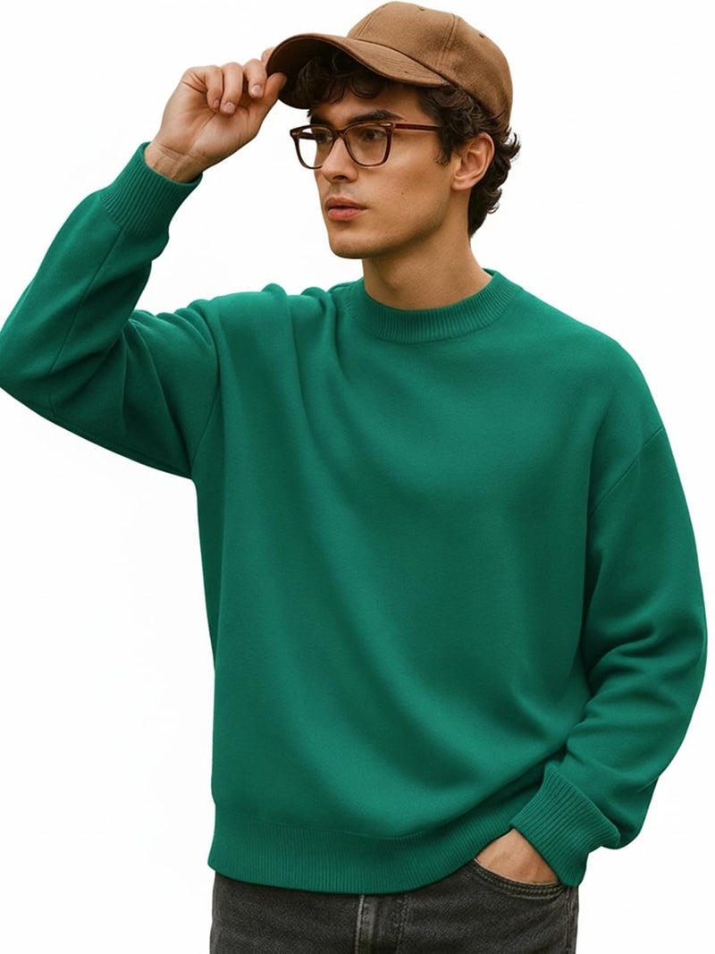 Bewakoof Men's Solid Oversized Fit Full Sleeve Round Neck Acrylic Sweater Green - Image 1