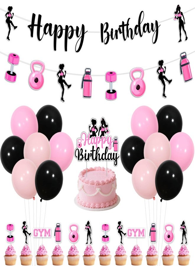 Fangleland Gym Themed Birthday Decorations for Girls, Happy Birthday Banner Cake Topper Weightlifting Garland Black and Pink Latex Balloons Cupcake Picks, Fitness Work Out Theme Bday Party Supplies - Image 1