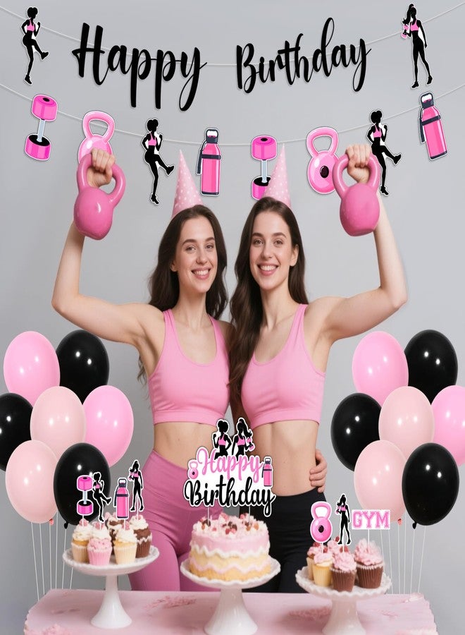 Fangleland Gym Themed Birthday Decorations for Girls, Happy Birthday Banner Cake Topper Weightlifting Garland Black and Pink Latex Balloons Cupcake Picks, Fitness Work Out Theme Bday Party Supplies - Image 4
