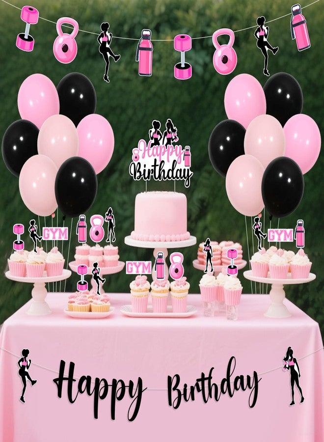 Fangleland Gym Themed Birthday Decorations for Girls, Happy Birthday Banner Cake Topper Weightlifting Garland Black and Pink Latex Balloons Cupcake Picks, Fitness Work Out Theme Bday Party Supplies - Image 2