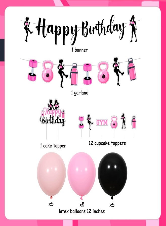 Fangleland Gym Themed Birthday Decorations for Girls, Happy Birthday Banner Cake Topper Weightlifting Garland Black and Pink Latex Balloons Cupcake Picks, Fitness Work Out Theme Bday Party Supplies - Image 3