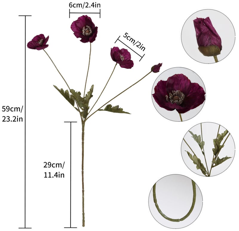 IPOPU Burgundy Silk Flowers 6PCS Fake Poppies Artificial Flowers for Veterans Day Floral Centerpieces, Tables, Wedding Decorations, Reception - Image 3