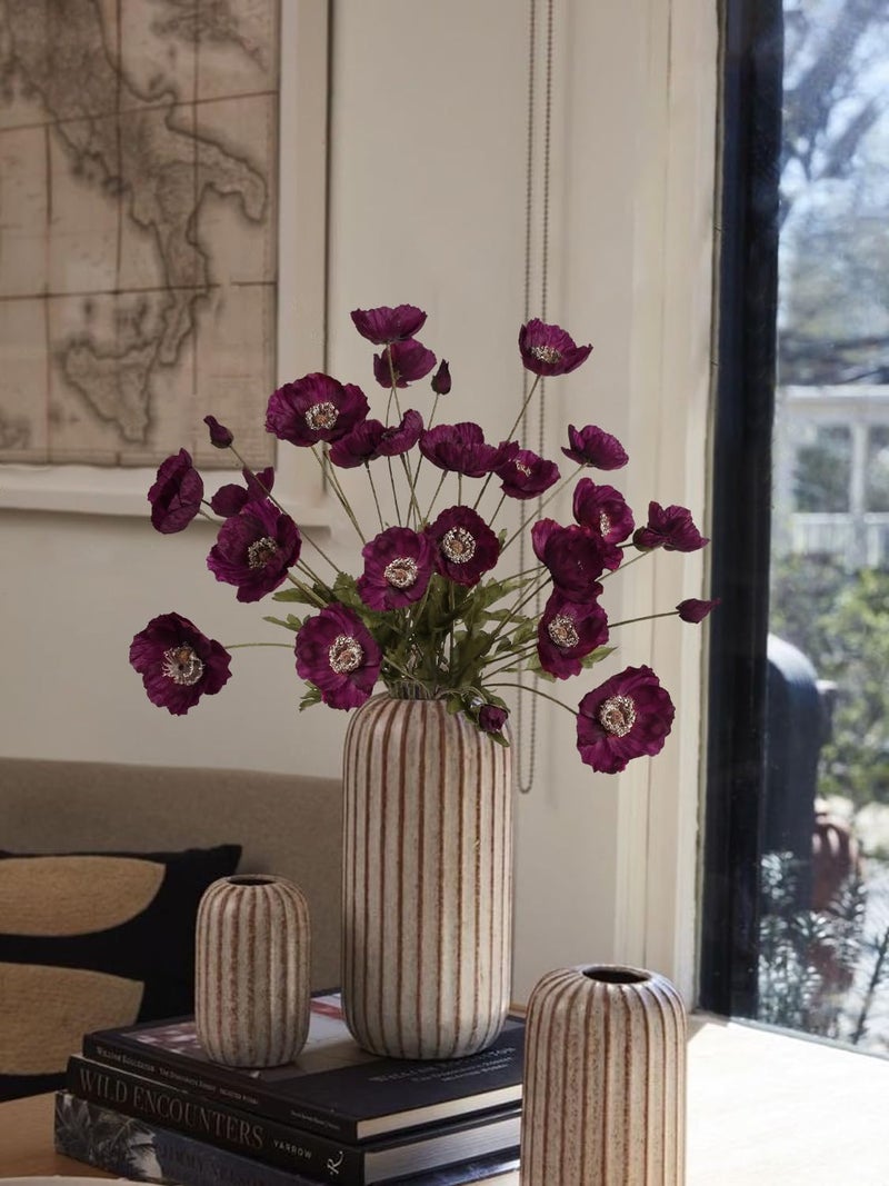 IPOPU Burgundy Silk Flowers 6PCS Fake Poppies Artificial Flowers for Veterans Day Floral Centerpieces, Tables, Wedding Decorations, Reception - Image 2