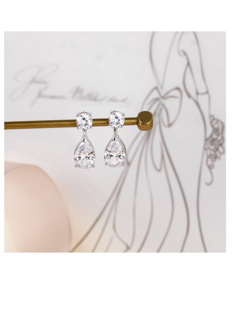 Teardrop Wedding Earrings, 925 Sterling Silver Post Pear Cut Earring, Cubic Zirconia Teardrop Bridal Wedding Earrings, for Prom Bridesmaid (1 Pair) - Image 3