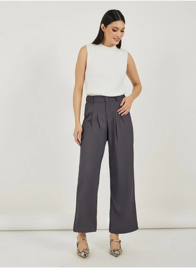 تايك تو Solid Mid Rise Pleat Front Detail Relaxed Fit Pants