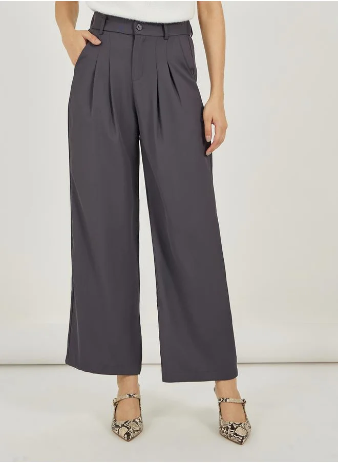 تايك تو Solid Mid Rise Pleat Front Detail Relaxed Fit Pants