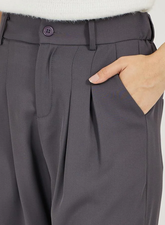 تايك تو Solid Mid Rise Pleat Front Detail Relaxed Fit Pants
