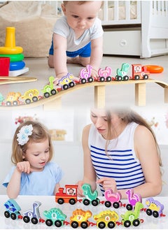 GROIC Wooden Colorful Number Dinosaur Train Toys Matching Sequencing Games Recognition Educational Learning Counting Set Building Blocks Kit  - Image 2