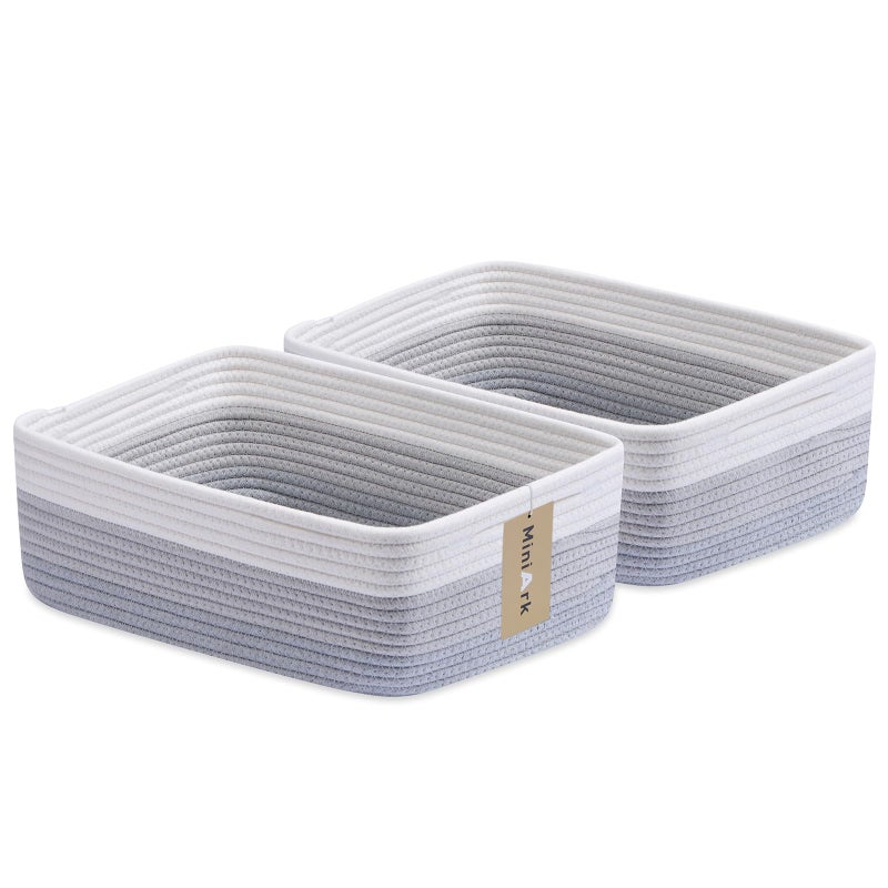 MiniArk Large Shallow Organizing Baskets 15x11x5.1 Inches - Rope Woven Storage Bins for Bathroom, Shelves, Cube Closet, Gradient Grey 2 Packs - Image 1