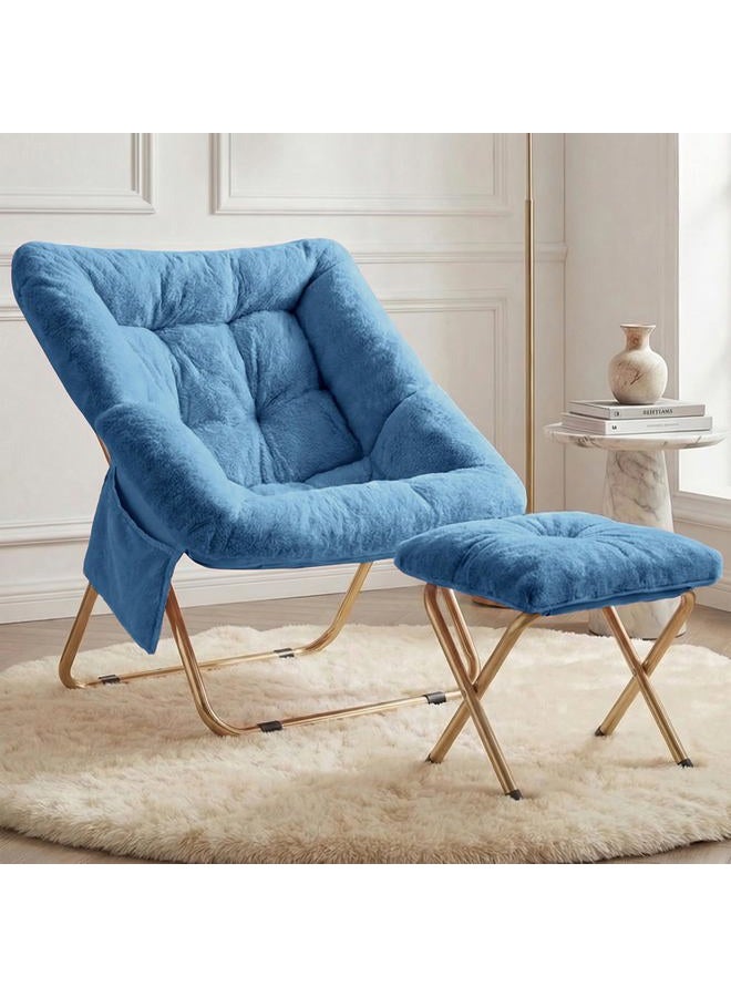 Osumlee Comfy Saucer Chair for Adults, Foldable Living Room Chairs, Soft Faux Fur Lounge Chair for Bedroom, Reading Chairs, X-Large (Ottoman-Blue) - Image 1