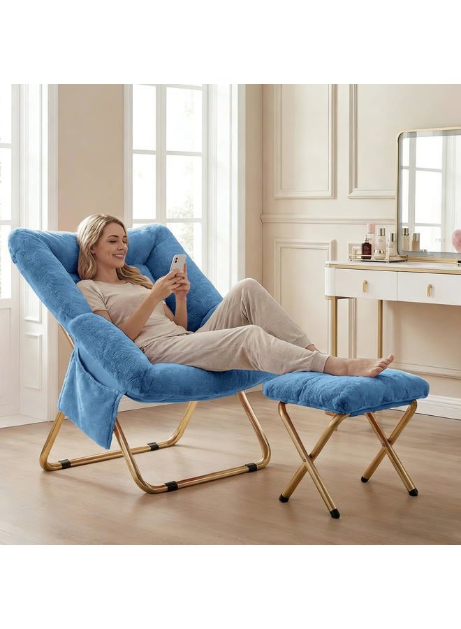 Osumlee Comfy Saucer Chair for Adults, Foldable Living Room Chairs, Soft Faux Fur Lounge Chair for Bedroom, Reading Chairs, X-Large (Ottoman-Blue) - Image 3