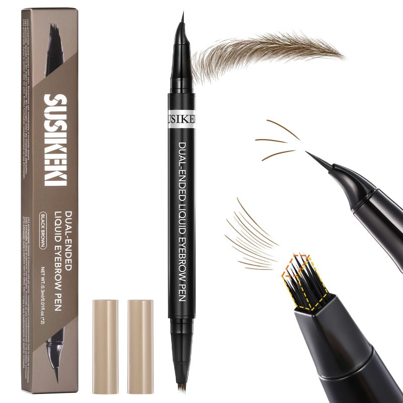 SUSIKEKI Dual-Ended Microblading Eyebrow Pencil for Women, 2 in 1 Liquid Eyebrow Pencil with Curved Tip and 4D Brow-Fection Microblading Pen, Shaped Fill HairLike Waterproof Lasting Eyebrows 02 Brown - Image 1