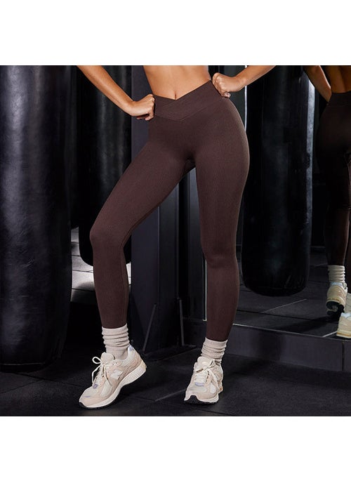 Generic - Seamless Sports Yoga Clothing Set Crossbody Shoulder Fitness Long Pants Shorts Women Nylon Material Spring Autumn Summer Winter Brown Crossover Trousers - Image 1