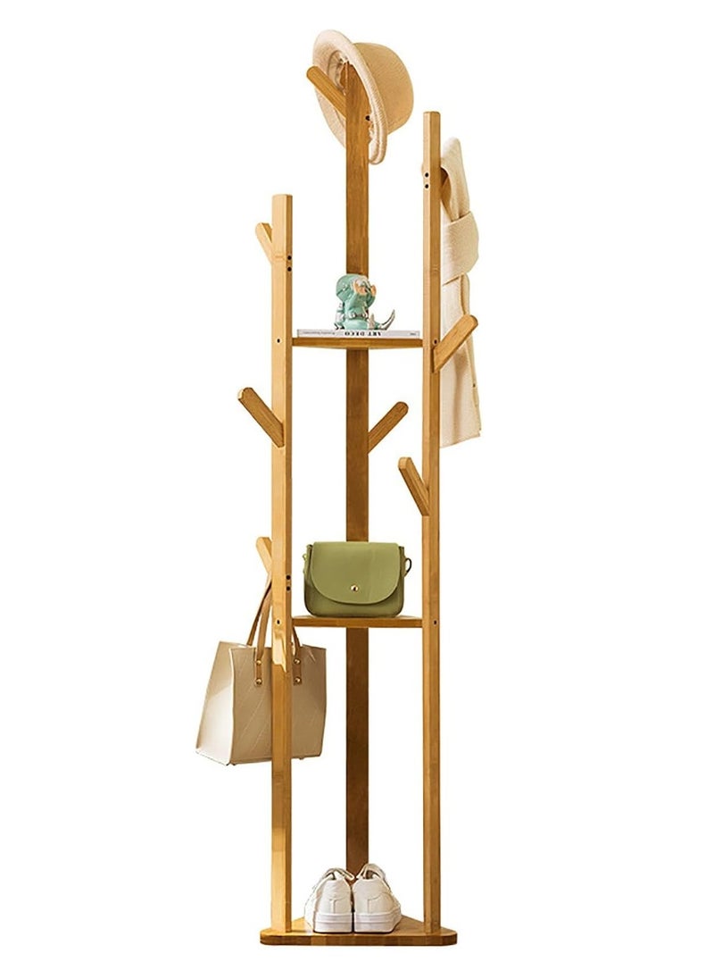 Beauenty Coat Rack Freestanding Coat Hanger with Pants Hanger and Hat Hanging Hooks Bamboo Coat Rack Stand Sturdy for Jacket Umbrella Clothes Hats Scarf and Handbags 165 * 33.5 * 3cm Wood color  - Image 1