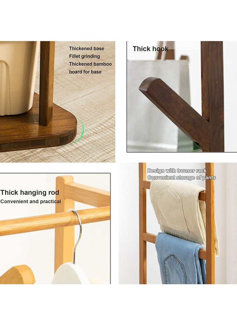 Beauenty Coat Rack Freestanding Coat Hanger with Pants Hanger and Hat Hanging Hooks Bamboo Coat Rack Stand Sturdy for Jacket Umbrella Clothes Hats Scarf and Handbags 165 * 33.5 * 3cm Wood color  - Image 2