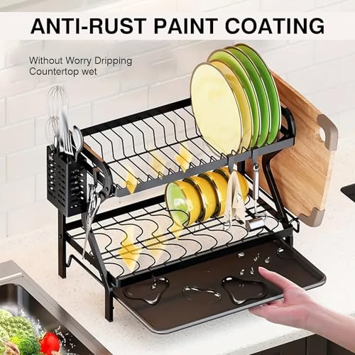 IBELL Carbon Steel DR243 Dish Drying Rack, 2-Tier Bartan Stand/Drainer Shelf/Kitchen Organizer/Counter for Utensils Storage (Black), 42.5x24.5x35.5 cm - Image 3