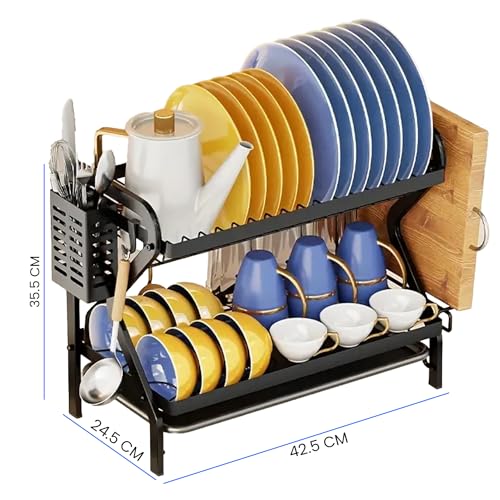 IBELL Carbon Steel DR243 Dish Drying Rack, 2-Tier Bartan Stand/Drainer Shelf/Kitchen Organizer/Counter for Utensils Storage (Black), 42.5x24.5x35.5 cm - Image 5