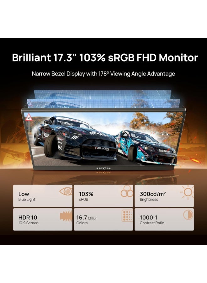 ARZOPA 17.3 Inch Portable Monitor FHD 1080P IPS Laptop Screen, 103% sRGB HDR Gaming Monitor with Built-in Kickstand, USB-C & Mini HDMI External Display for PC, MacBook, Phone, Xbox, PS5 & Nintendo Switch - Image 2