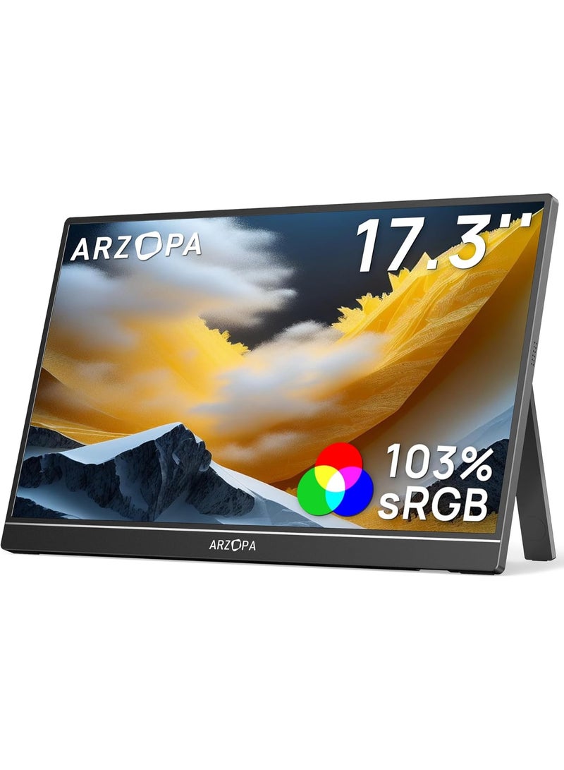 ARZOPA 17.3 Inch Portable Monitor FHD 1080P IPS Laptop Screen, 103% sRGB HDR Gaming Monitor with Built-in Kickstand, USB-C & Mini HDMI External Display for PC, MacBook, Phone, Xbox, PS5 & Nintendo Switch - Image 1